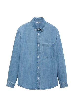 Denim-paita, vaaleansininen, pitkähihainen, nappikauluksellinen, yksi rintatasku, teksturoitu kangas, suora helma, normaali istuvuus.