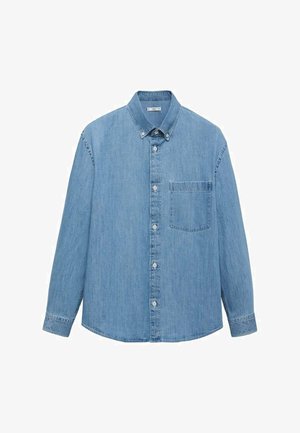 Traper košulja, svijetloplava, dugih rukava, s dugim ovratnikom, jedna džep na prsima, teksturirana tkanina, ravni rub, standardni kroj.