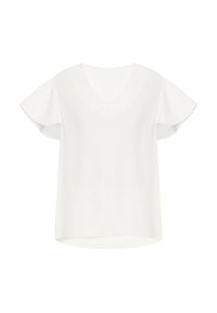 Hvid bluse med V-hals, korte flagrende ærmer og en glat tekstur. Designet har en afslappet pasform og en buet kant.