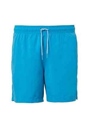 Türkise Badeshorts mit elastischem Bund und verstellbarem Kordelzug. Glatter Stoff, Oberschenkellänge und seitliche Schlitze für Bewegungsfreiheit.