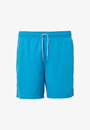 Türkise Badeshorts mit elastischem Bund und verstellbarem Kordelzug. Glatter Stoff, Oberschenkellänge und seitliche Schlitze für Bewegungsfreiheit.