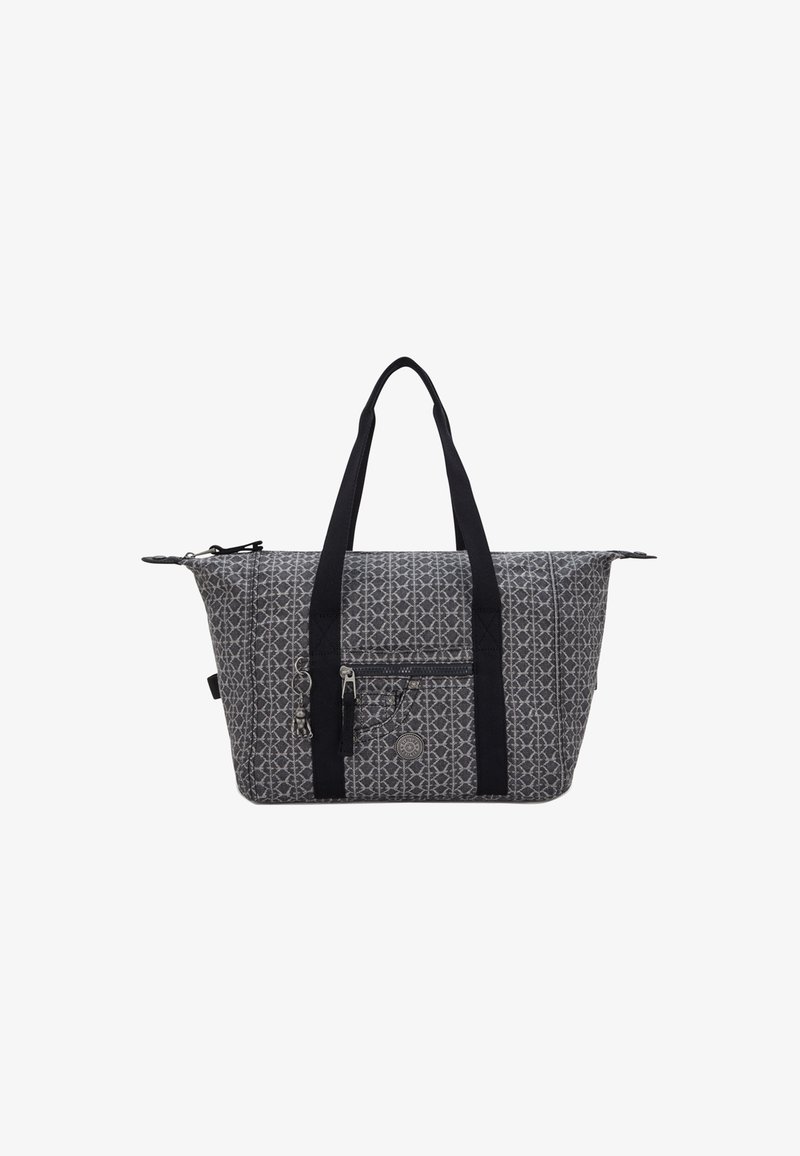 Szara torebka z wzorem, z czarnymi paskami akcentującymi, z przednią kieszenią na zamek, okrągłym dnem i naszywką logo po boku.