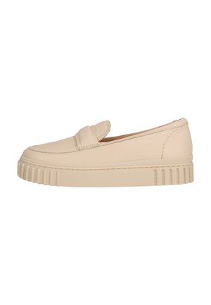 Beige leather slip-on shoe with a rounded toe, padded strap, and a textured lightweight sole featuring ridges along the edges.