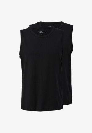 Čierne bezrukávové tričká vyrobené z jemného bavlneného materiálu. Majú okrúhly výstrih a jednoduchý dizajn. V balení sú dva kusy. Hladká textúra a žiadne viditeľné vzory.
