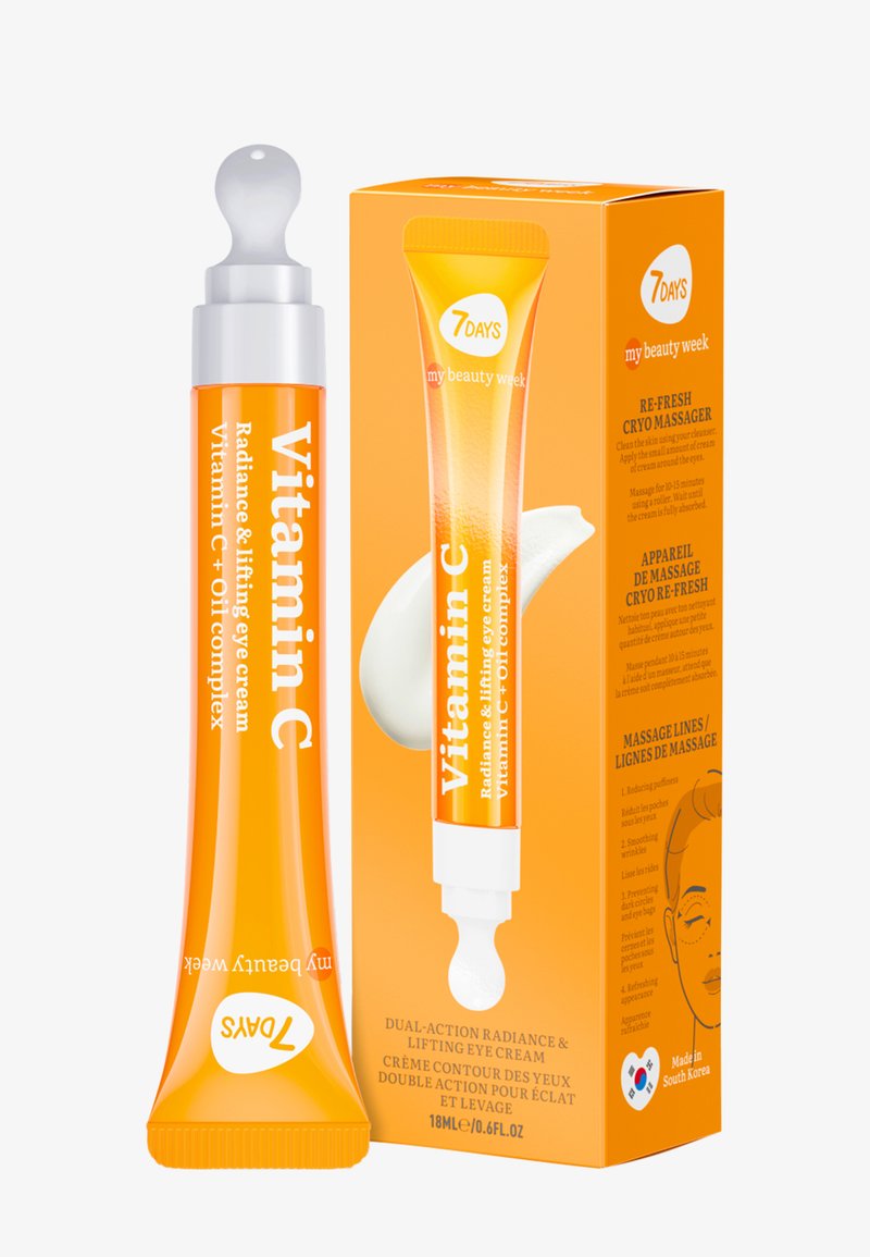 Tubo arancione e confezione etichettati "Vitamina C" con tappo bianco e punta massaggiatrice criogenica. La confezione include istruzioni per l'uso e un'illustrazione grafica.