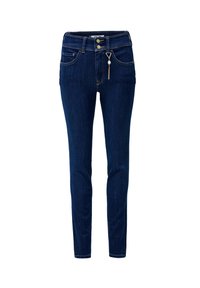 Jeans skinny de mezclilla azul oscuro con cintura alta, cinco bolsillos y detalle de cremallera en tono dorado. Textura suave y corte ajustado.