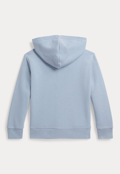 Γαλάζιο μακρυμάνικο φούτερ με ραβδωτά μανίκια και τελείωμα, απεικονίζεται από πίσω σε λευκό φόντο.