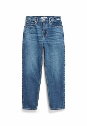 Straight-leg blue denim jeans featuring a faded wash, five-pocket design, button closure, and visible stitching along the seams.