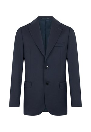 Navyblauwe blazer van gladde stof, met een geknipt kraag, twee knopen, twee voorzakken en een enkele borstzak.
