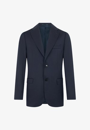 Blazer bleu marine en tissu lisse, avec un col cranté, deux boutons, deux poches avant et une poche poitrine.