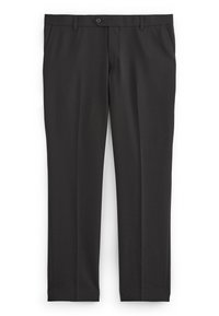 Schwarze Hose aus glattem Stoff mit geradem Schnitt, ausgestattet mit einem Knopfverschluss und Taschen auf beiden Seiten. Minimalistisches Design.