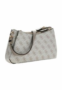 Sac à épaule gris à motif avec une forme incurvée, fermeture éclair et une sangle courte. Présente un logo discret et une surface extérieure texturée.