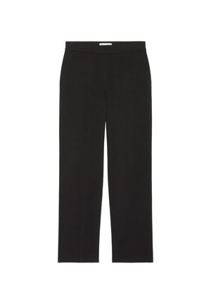 Pantaloni neri a gamba larga realizzati in tessuto liscio; presentano una vita piatta e tasche laterali con una silhouette dritta. Design semplice e versatile.