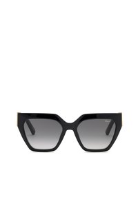 Lunettes de soleil noires oversize forme œil de chat avec verres gris dégradés et subtils accents dorés sur les charnières.