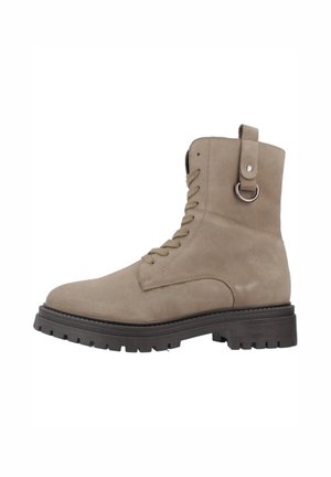 Taupe suede lace-up ankle boot with chunky black lug sole and metal ring detail on side pull tab.