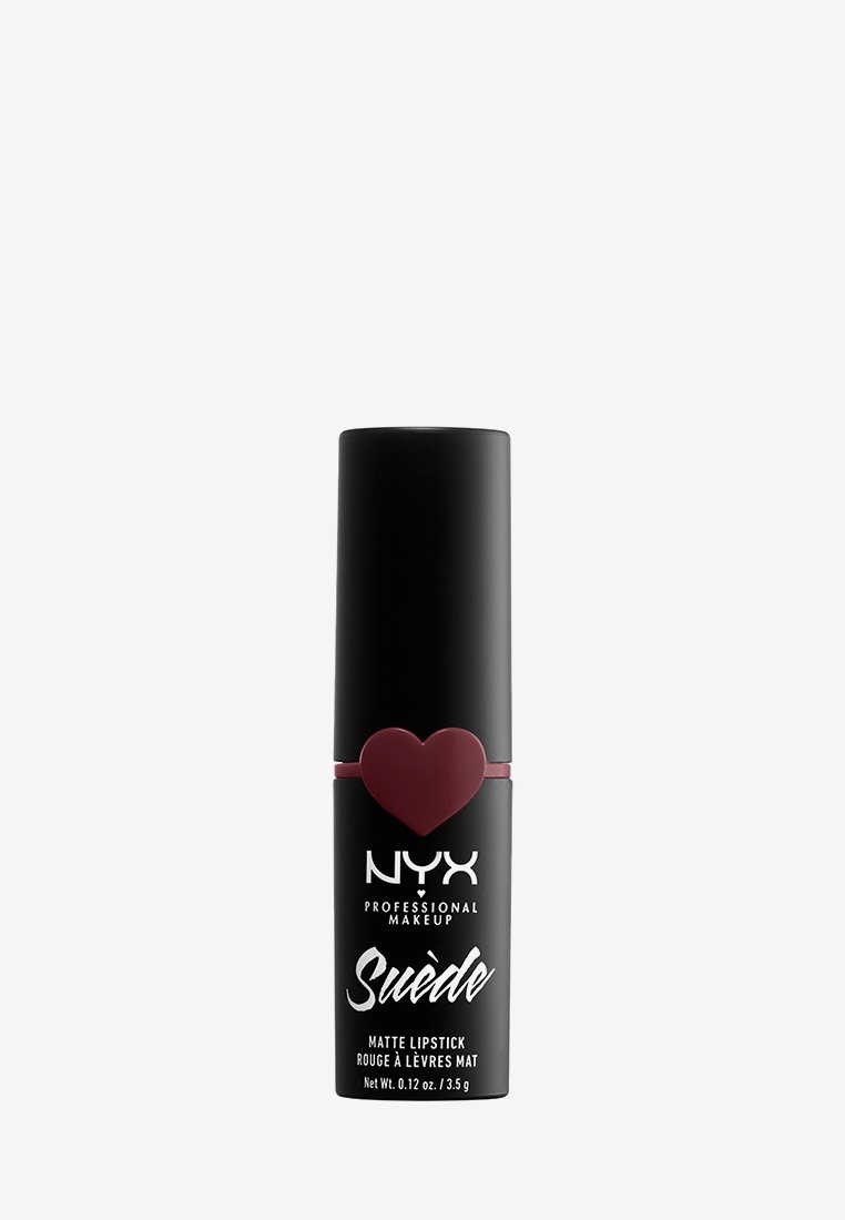 Tubetto di rossetto nero opaco con dettaglio a cuore borgogna, etichettato NYX Professional Makeup Suède rossetto opaco.