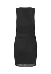 Svart strapless kjole med rynkedetaljer på fronten. Tettsittende silhuett, glatt tekstur, og en gjennomsiktig kant. Enkel, udecorert design.