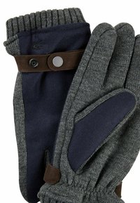 Zwei Handschuhe mit einem marineblauen Stoffgrund und einem strukturierten grauen Strickoberteil. Braune Akzente und ein Druckknopfdetail am Handgelenk.