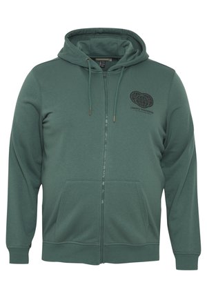Groene rits-hoodie met een trekkoord capuchon, voorzakken en een klein zwart logo op de linker borst. Zachte stof met een gladde textuur.