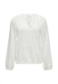 Witte blouse met lange mouwen, gemaakt van een structuurstof. Heeft een V-halslijn en een elastische tailleband voor een ontspannen pasvorm.