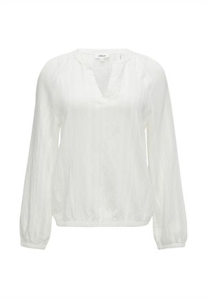 Weiße Langarmbluse aus strukturiertem Stoff. Mit V-Ausschnitt und elastischem Bündchen für eine lässige Passform.