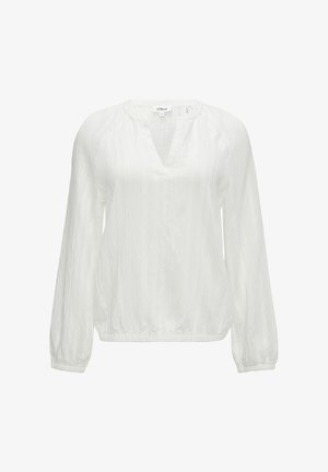 Witte blouse met lange mouwen, gemaakt van een structuurstof. Heeft een V-halslijn en een elastische tailleband voor een ontspannen pasvorm.