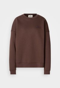 Brown sweatshirt made from a soft material, featuring a crew neck, long sleeves, and a small embossed logo on the front.