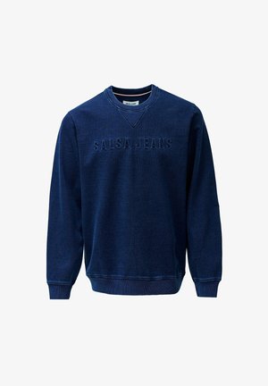 Sudadera de algodón azul marino con mangas largas, cuello redondo acanalado y el texto "SALSA JEANS" bordado en el frente. Textura suave.