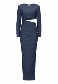 Abito lungo blu navy con maniche lunghe realizzato in tessuto arricciato, caratterizzato da un design con scollatura e una silhouette aderente, che si estende fino a una gonna che tocca il pavimento.