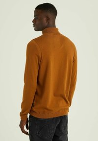 Cardigan zip-up marrone con colletto alto, polsini e orlo a costine. Presenta una finitura testurizzata e una piccola etichetta sul lato. Mostrato con jeans scuri.