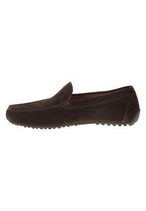 Dark brown suede men's loafer with rubber sole and moccasin-style stitching, viewed from the side on a white background.