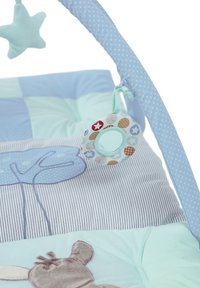Soft blue baby play gym with padded mat featuring a tree and animal design, and a hanging star and patterned ring toy.