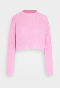 Rosa cropped Pullover, gestrickte Textur, lange Ärmel, runder Halsausschnitt. Mit einem gerippten Muster und einem weichen, leichten Finish.