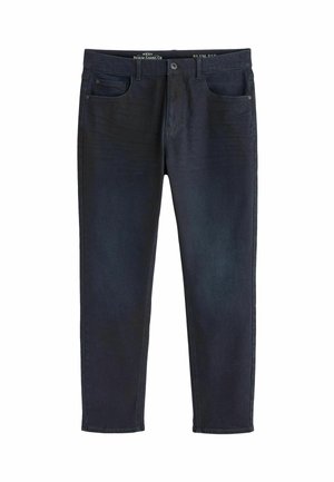 Jeans pour homme slim-fit en denim bleu foncé avec une texture lisse, dotés de cinq poches, d'une fermeture à bouton et d'un léger délavage.