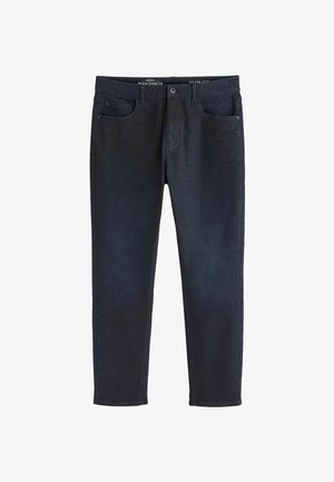 Jeans pour homme slim-fit en denim bleu foncé avec une texture lisse, dotés de cinq poches, d'une fermeture à bouton et d'un léger délavage.