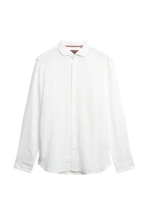 Camisa blanca de manga larga hecha de tela ligera. Presenta un cuello puntiagudo, cierre de botones en la parte delantera y dobladillo redondeado. Diseño minimalista sin patrones.