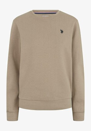Beige sweatshirt gemaakt van zacht materiaal, met een ronde hals, geribbelde manchetten en een klein logo op de borst.