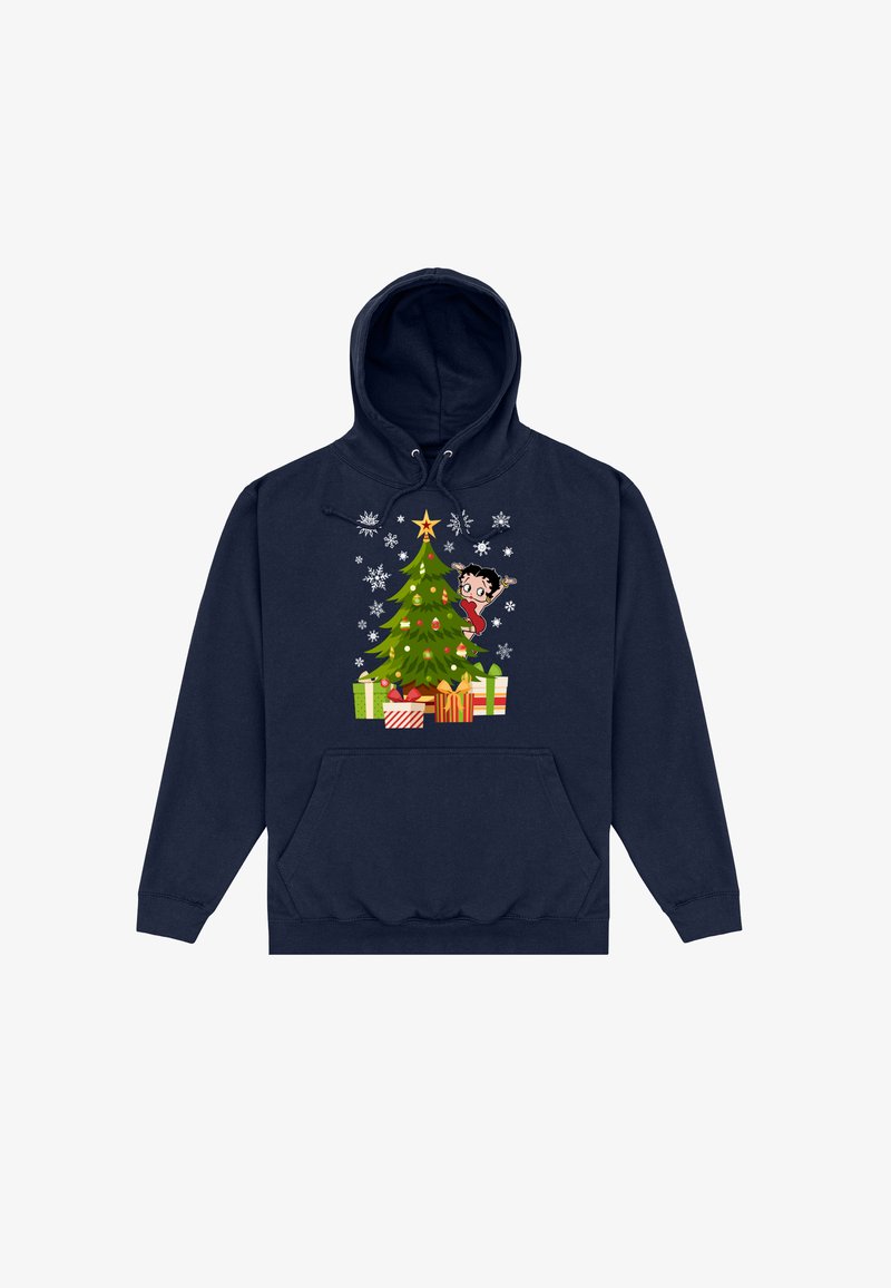 Sweat à capuche bleu marine arborant un sapin de Noël décoré avec des cadeaux, des flocons de neige, et une petite fille dessinée en train de regarder par-dessus l'arbre.