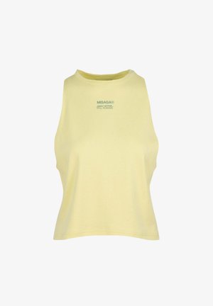 Lichtgele mouwloze top met een ronde halslijn, voorzien van het "MISAGA" logo in turkoois en een ontspannen pasvorm. Gemaakt van een zachte katoenmix.