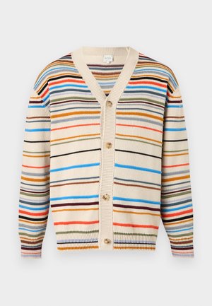 Μπεζ πλεκτή ζακέτα με πολύχρωμες οριζόντιες ρίγες, V-λαιμόκοψη, κουμπιά μπροστά και ριμπ μανσέτες και τελείωμα.