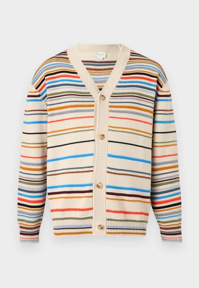 Μπεζ πλεκτή ζακέτα με πολύχρωμες οριζόντιες ρίγες, V-λαιμόκοψη, κουμπιά μπροστά και ριμπ μανσέτες και τελείωμα.