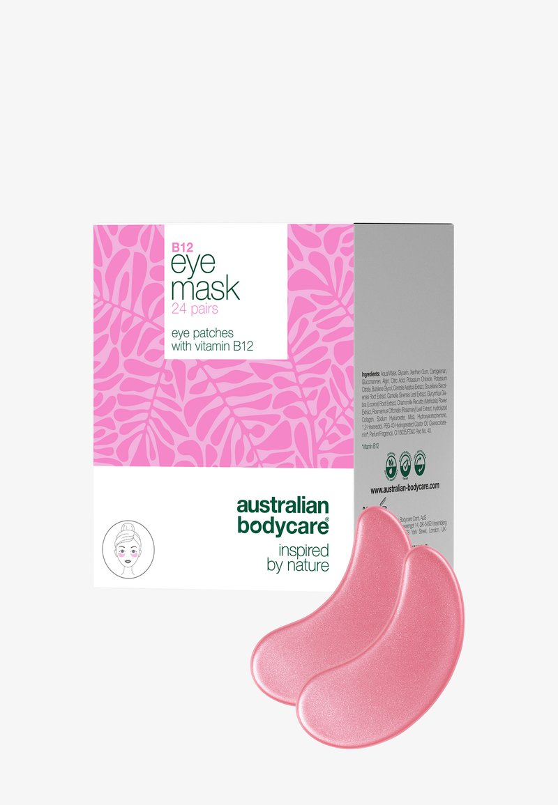 Patches de masque pour les yeux à la vitamine B12 rose, présentés devant une boîte rose et blanche de la marque Australian Bodycare avec des motifs de feuilles.