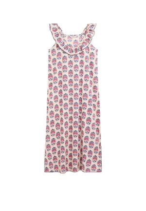 Vestido sin mangas hasta la rodilla con escote con volantes, que presenta un patrón floral repetitivo en rosa y azul sobre un fondo claro.