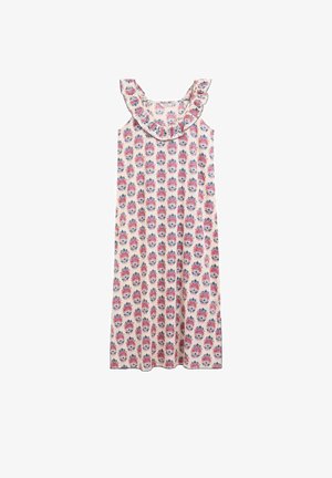 Vestido sin mangas hasta la rodilla con escote con volantes, que presenta un patrón floral repetitivo en rosa y azul sobre un fondo claro.