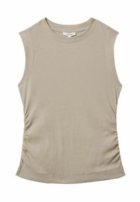 Beige toppi ilman hihoja, jossa on ribbipinta, pyöreä pääntie ja rypytetty yksityiskohta sivuilla. Valmistettu venyvästä kankaasta, joka tarjoaa mukavuutta ja hyvän istuvuuden.