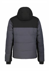 Polstret jakke i sort og grå, med hætte, segmenteret design og elastiske manchetter. Blød tekstur med en glat overflade.