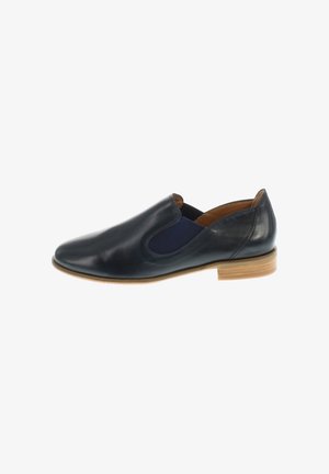 Marineblaue Leder-Schlüpfschuh mit elastischen Seitenpaneelen, Holzabsatz, abgerundeter Spitze und glatter Textur. Schlichtes Design ohne sichtbare Muster.