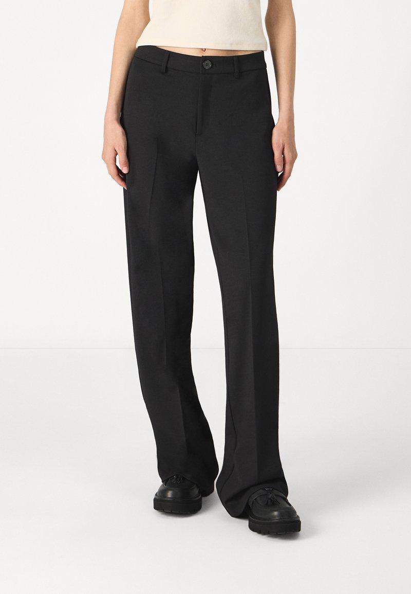 Black tailored trousers with a straight leg design, featuring a front button closure and side pockets, made from smooth fabric.