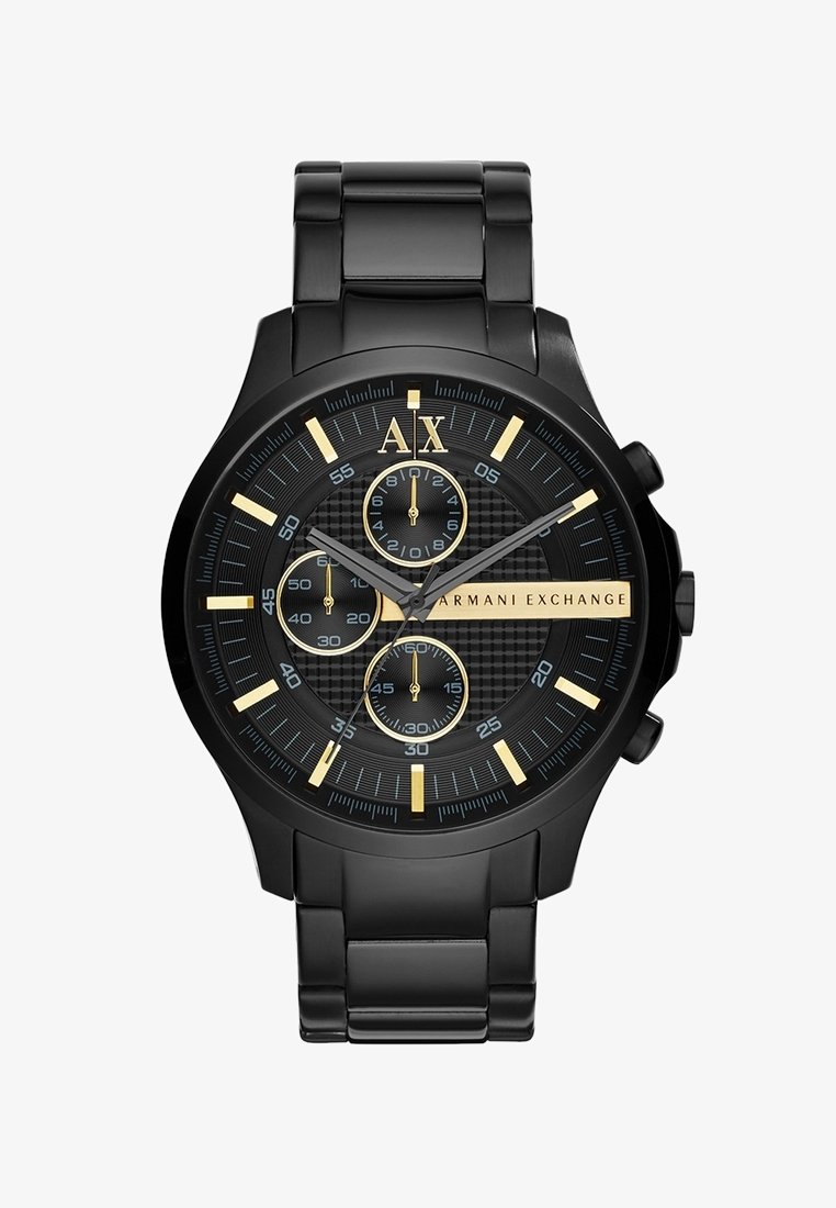 Černé nerezové ocelové hodinky Armani Exchange se zlatými hodinovými značkami, třemi subciferníky a černým texturovaným ciferníkem zobrazující čas 10:09:35.