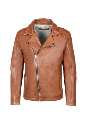 Braune Lederjacke mit Reißverschluss, Reverskragen und langen Ärmeln. Verfügt über eine glatte Textur und dezente Steppnähte.